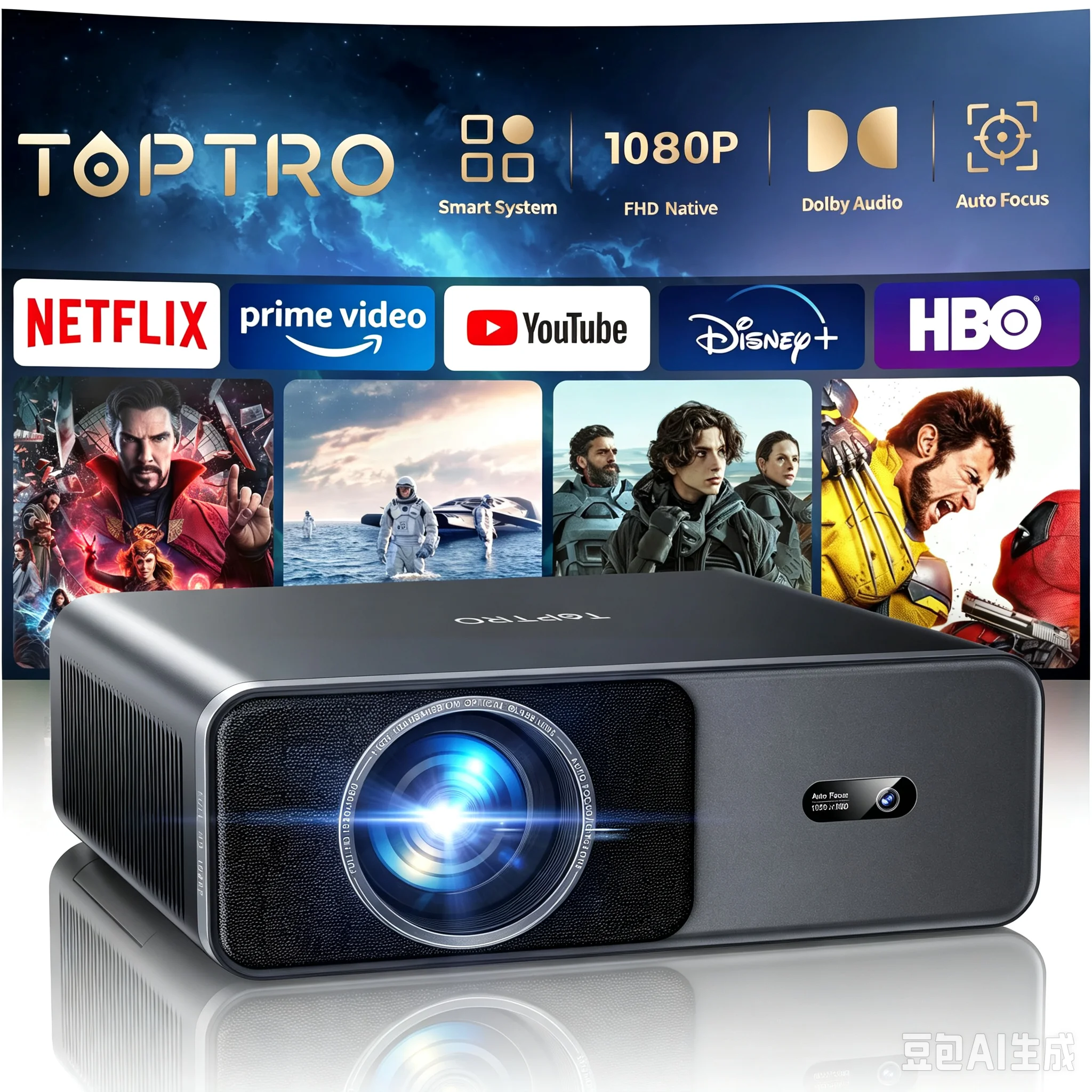 Toptro A1 Portable Projector 4K Netflix Officially WIFI6 2-Way Bluetooth  AI Auto Focus & Keystone for Outdoor Home Movie
