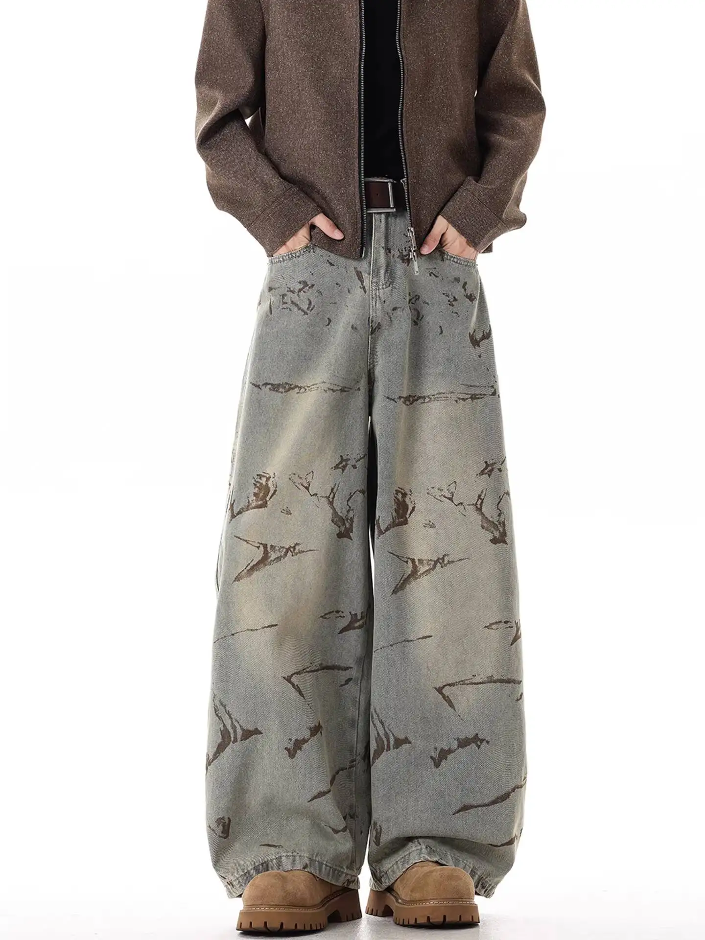 

Unisex Jeans 2026 Vintage Washed Tie Dye Wide Leg Jeans For Men Women American Retro Dune Style Loose Casual Denim Pants