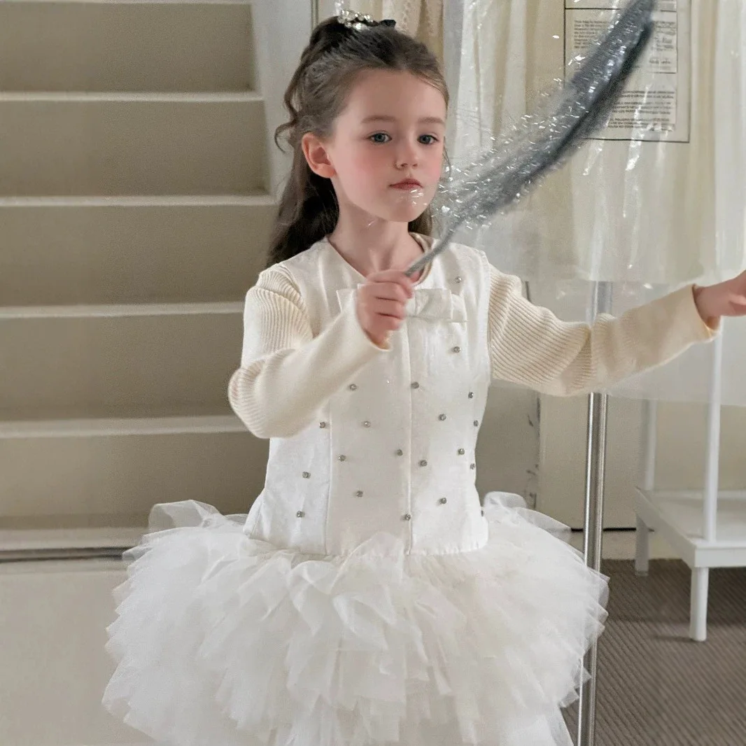 2026 Autumn Fall 2026 Girls Hand Full Rhinestone Vest Mesh Dress Girls Puffy Princess Birthday Dress