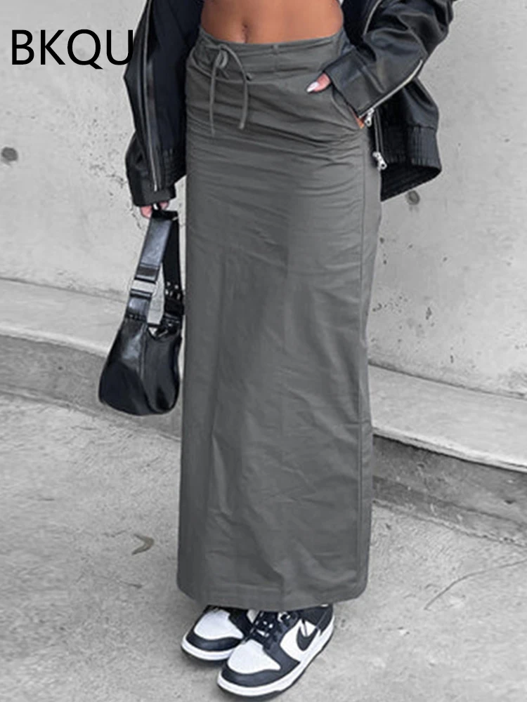 BKQU Vintage Gray Long Skirt Women Y2k Drawstring High Waisted Fashion Korean Basic Cargo Skirts Streetwear Harajuku Midi Skirts