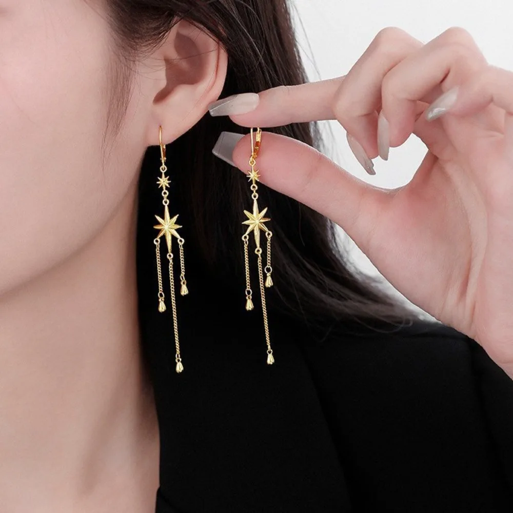 Retro Temperament Gold Color Octagonal Star Water Drop Long Tassel Pendant Dangle Earrings for Women Halloween Jewelry Accessory