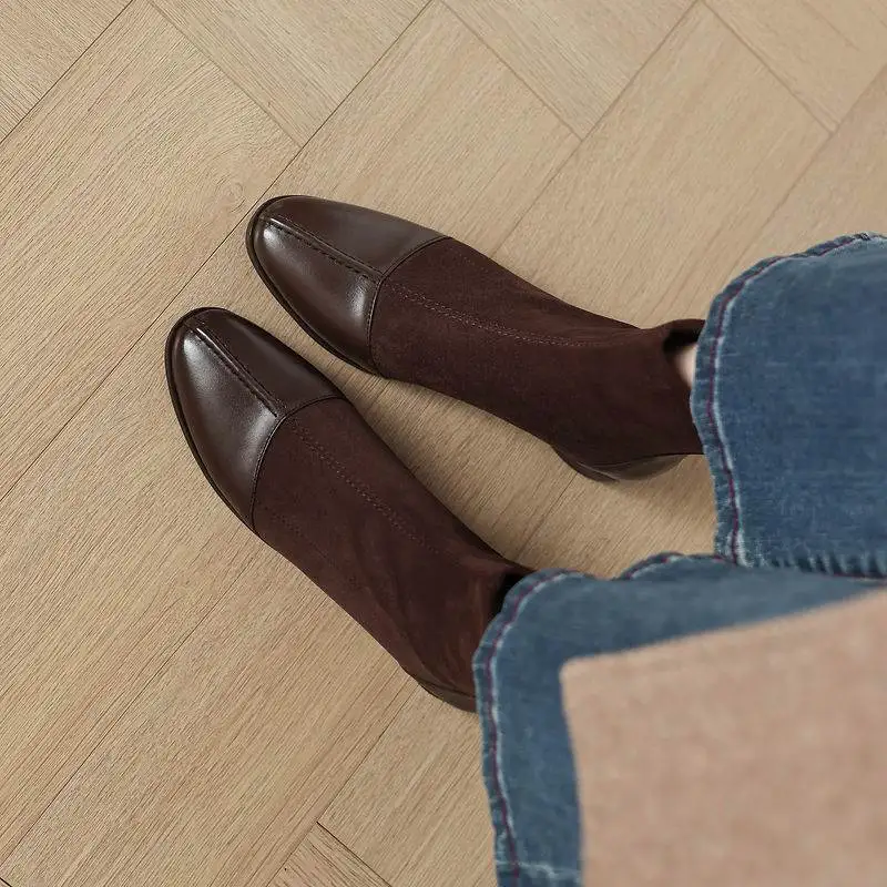 Krazing Pot 2027 Flock round Toe low Heels Modern Chelsea Boots Keep Warm Winter Shoes Street Wear zipper Stretch Ankle Boots