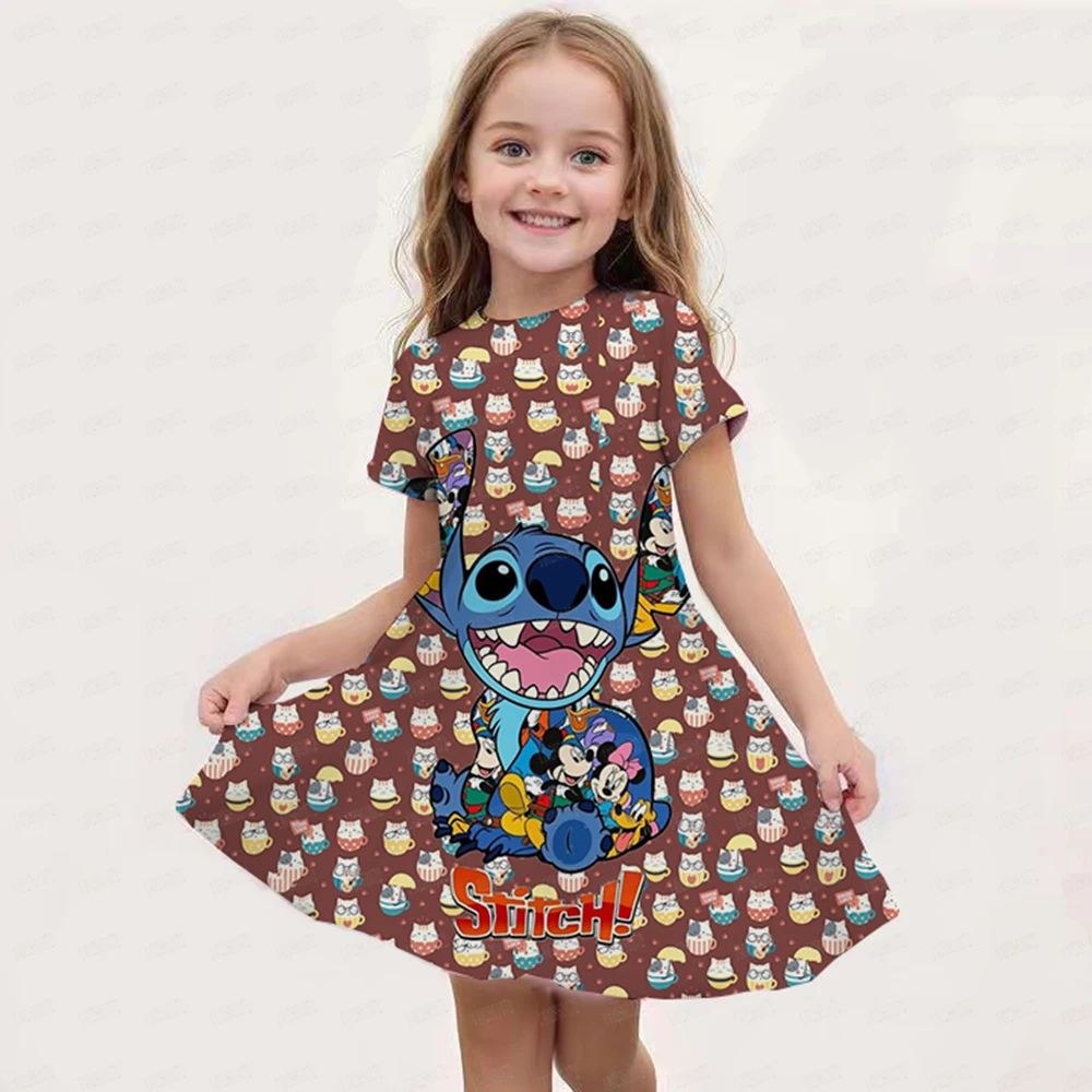 Summer Cute Casual Kids Home wear Clothing Top Tee Children\'s Princess Dresses Girl Birthday Clothing Girls Cartoon Stitch Dress