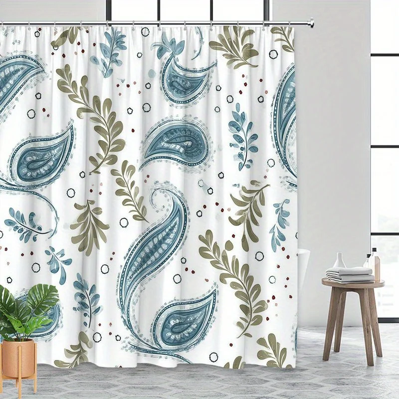 

1pc Teal Paisley Botanical Shower Curtain - Polyester Fabric, Machine Washable, Suitable for Bathroom Decoration