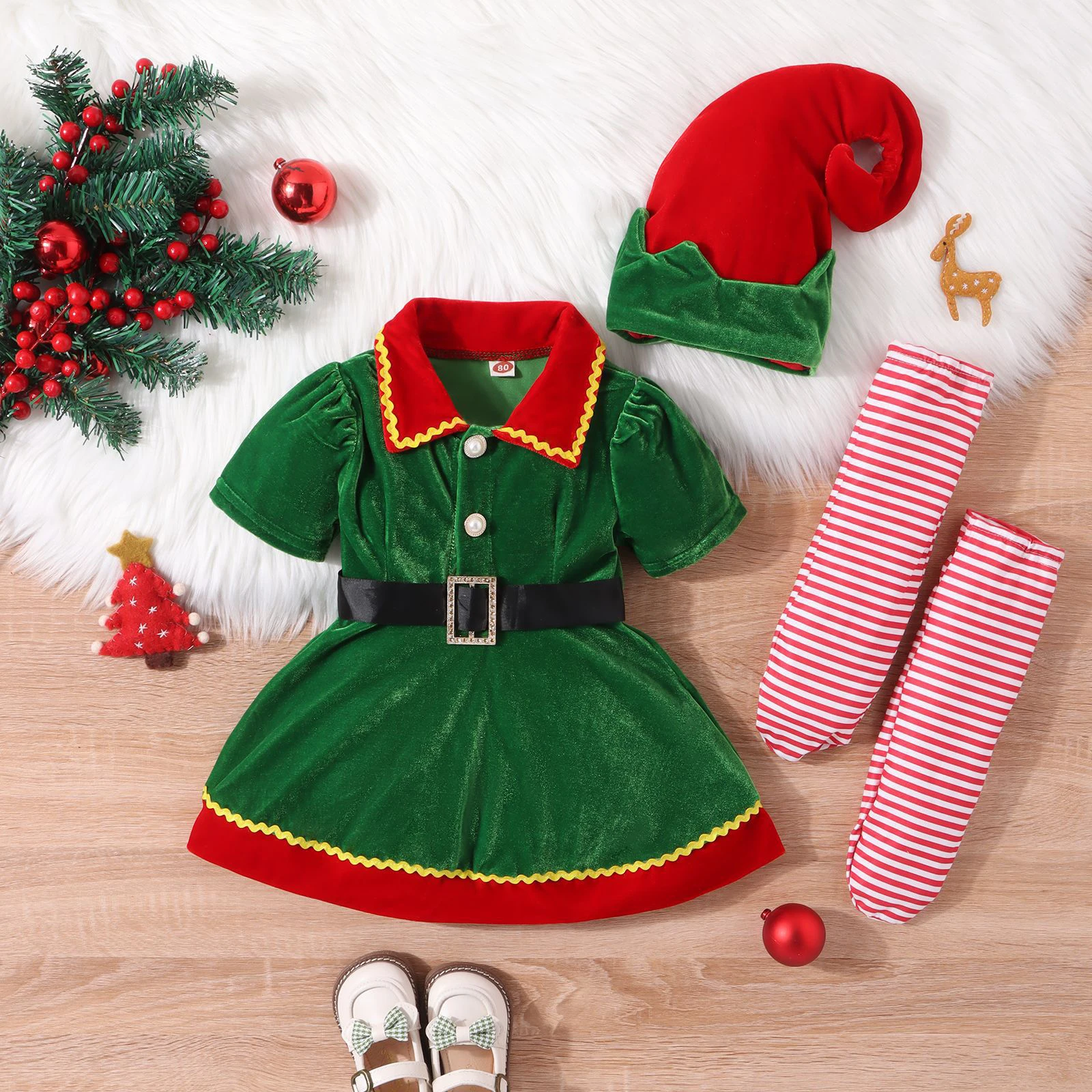 BeQeuewll Toddler Girl Christmas Elf Costume Contrast Color Short Sleeve Doll Collar Dress And Hat And Striped Socks Outfit