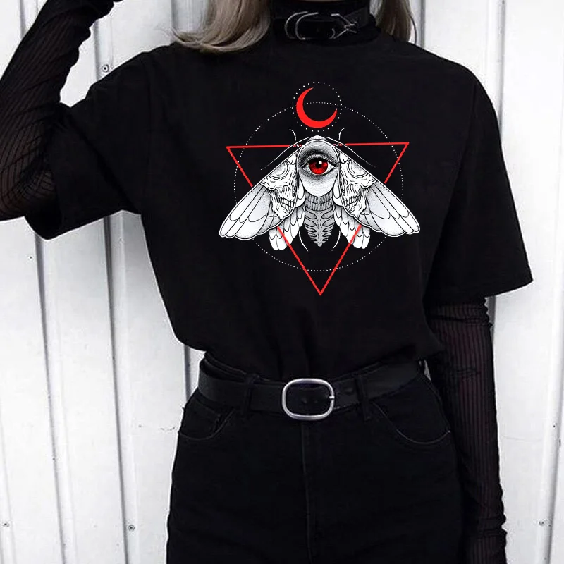 Rose Moth Moon Chic vintage Mujer Camisetas White Top Gothic T Shirts Aesthetics Graphic Short Sleeve t-shirt Polyester T-shirt