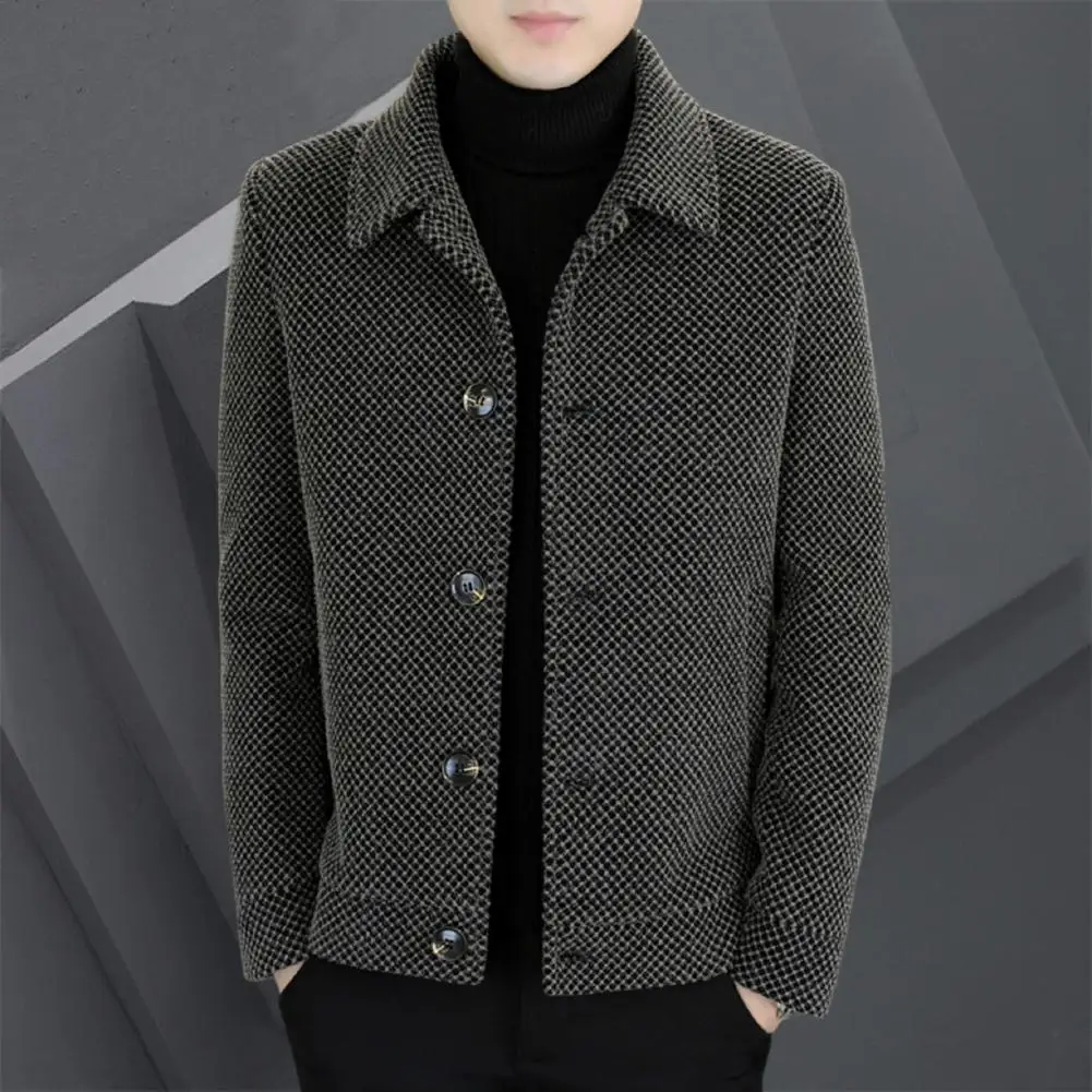 Winter Men Woolen Coat Lapel Long Sleeve Single Breasted Male Jacket Solid Color Button Design Casual Outerwear Men's Clothing