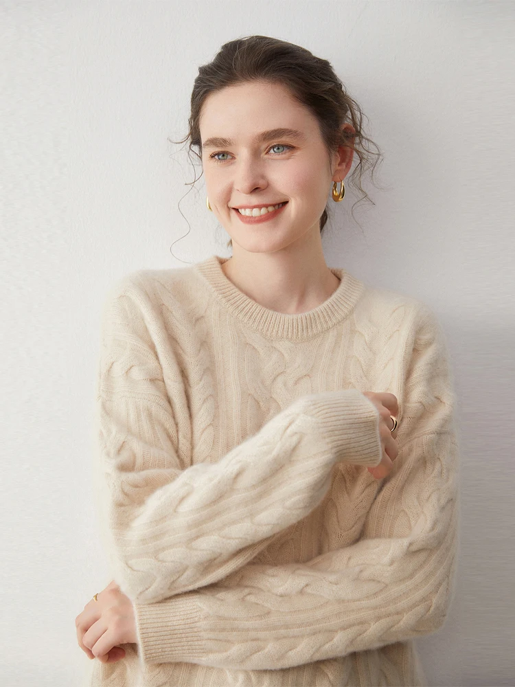 100% cashmere graça feminino outono inverno cabo ponto simples pulôver o-pescoço camisola de malha quente macio conforto roupas topos