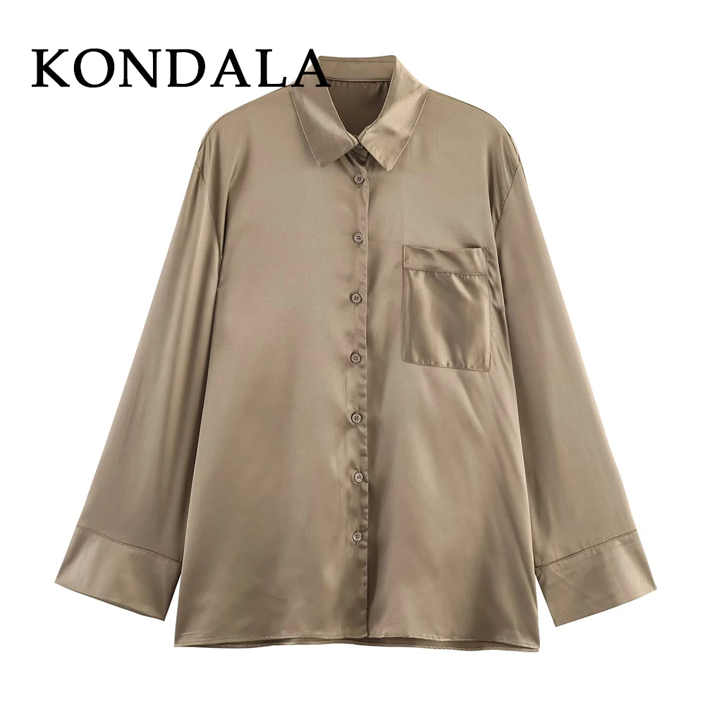 

KONDALA винтажная шикарная осенняя женская рубашка Kahki 2025, блузка с карманом на пуговицах и длинными рукавами, модная женская свободная повседневная рубашка для учителя