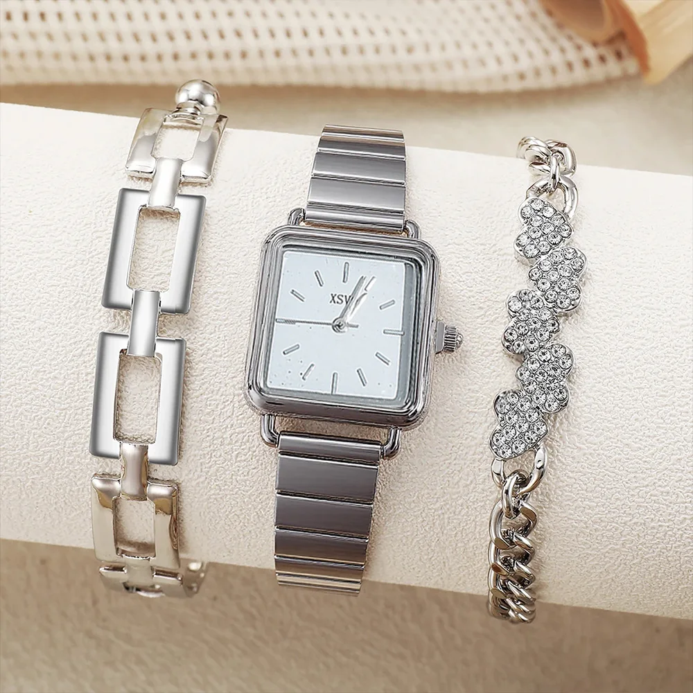 

New style simple versatile steel band square dial women's quartz watch bracelet 3 piece set, suitable for daily wear, holiday gi
