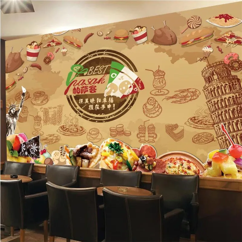 

Retro Pizza Western Restaurant Doodle Industrial Decor Background Mural Wallpaper Fast Food Restaurant Snack Bar Wall Paper 3D