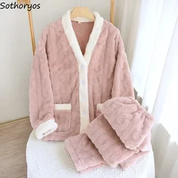 Winter Coral Fleece Pajama Sets Women Warm Cozy Panelled Sleepwear Gentle Thick Sweet Home Ulzzang Fashion New V-neck Loungewear