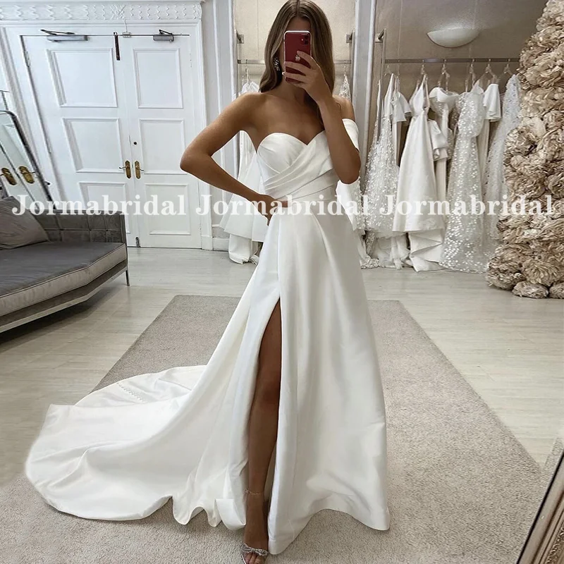 

High Slit Beach Wedding Dress With One Off Shoulder Simple A-line Pleated Satin Bridal Dresses for Women Vestido Branco 2024