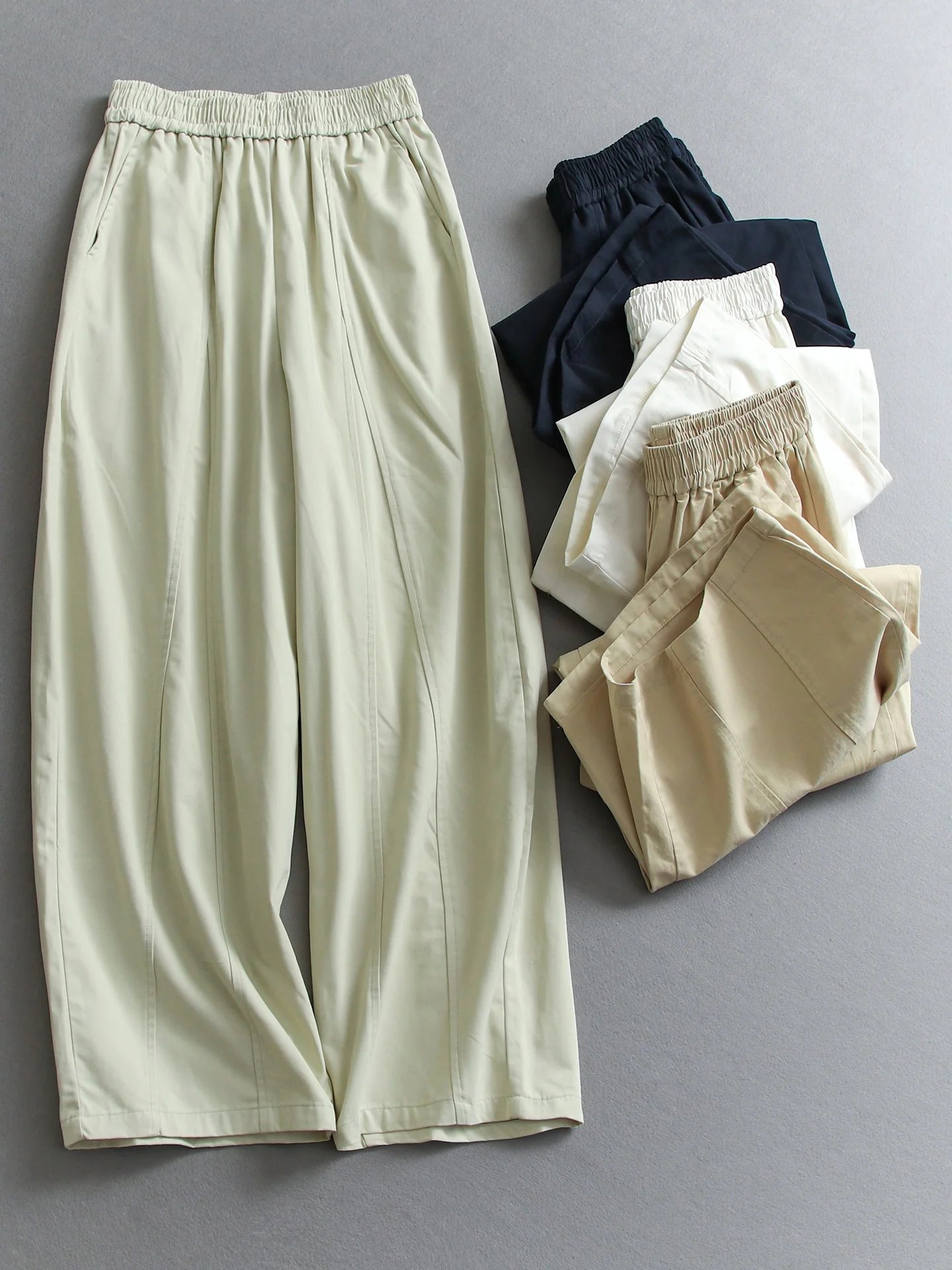 

Loose Wide Leg Pants Elastic Waist Casual Commute Women's Color Comfortable Breathable Cotton Straight Cut Trousers