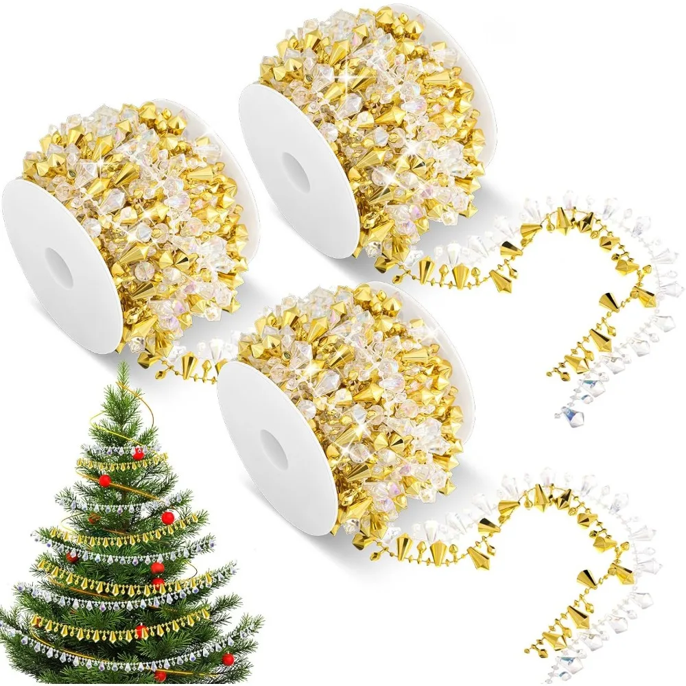 100 pies 3 rollos de guirnalda de cuentas de cristal de árbol de Navidad, guirnalda de cuentas brillantes de cadena de cristal de diamante para decoración del banquete de boda de Navidad