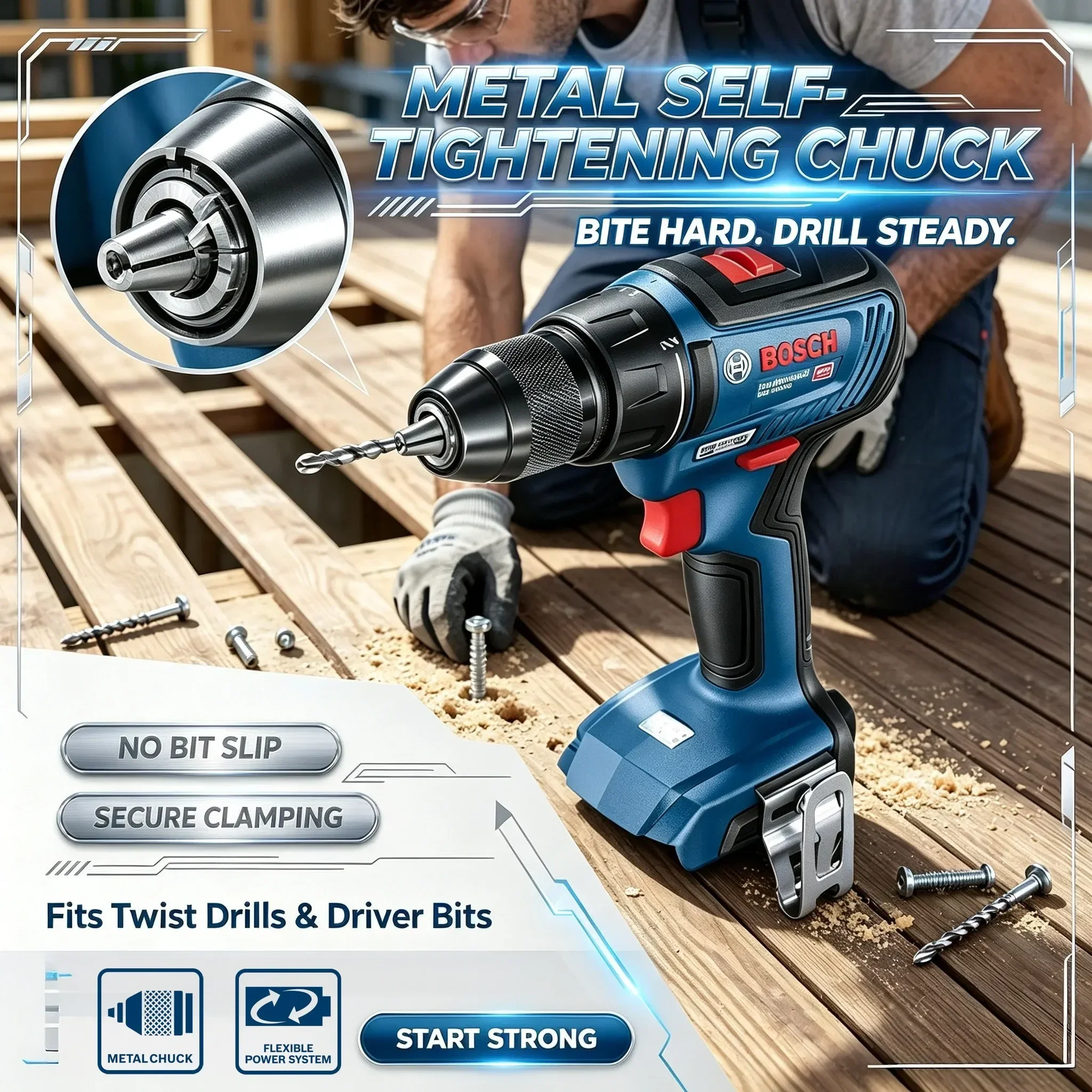 Professional BOSCH GSR 18V-50 Wireless Hand Drill Ergonomic Anti-slip Grip Built-in LED Small Space Repair Tool