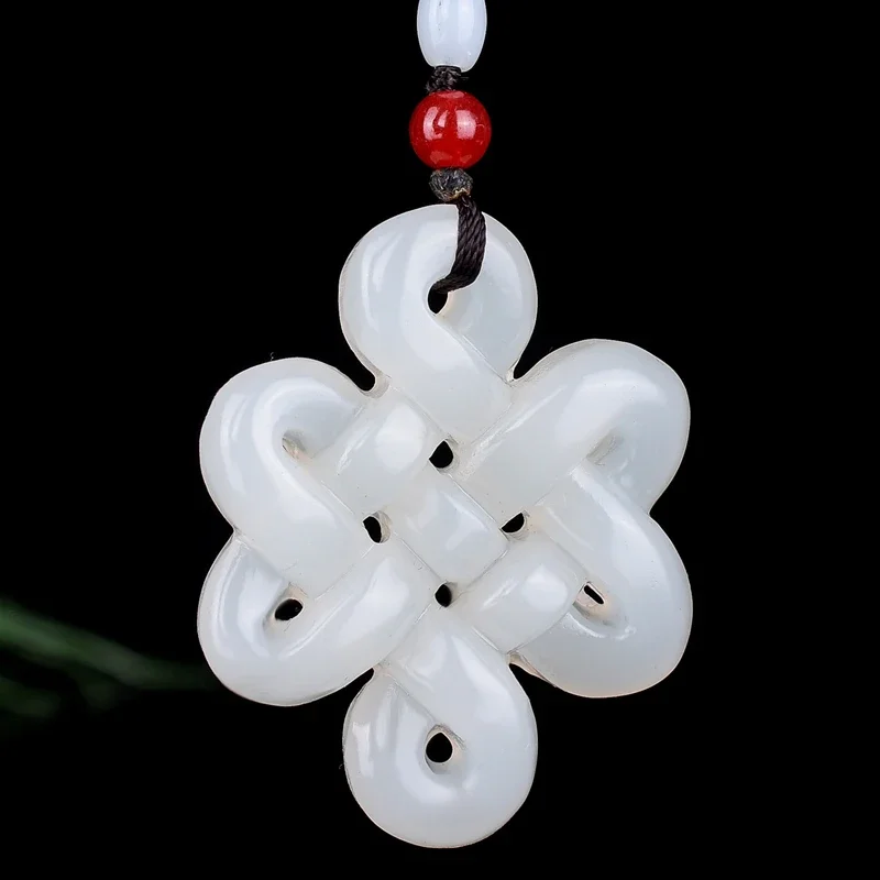 Natural Green White Jade Chinese Knot Pendant Beads Necklace Charm Jewelry Double-sided Hollow Carved Amulet Gifts for Her