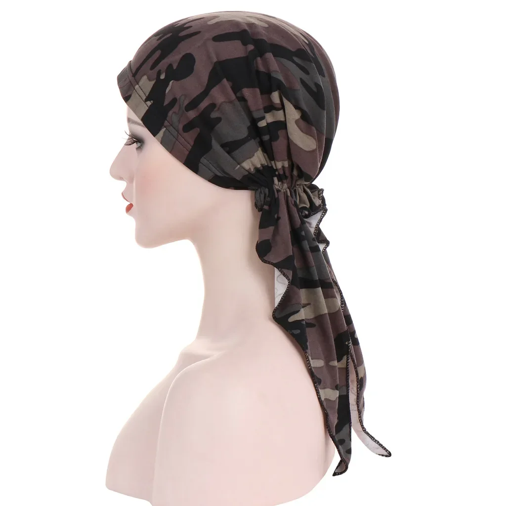 New Women Printed Pre-Tied Turban Cap Muslim Hijab Inner Caps Hair Loss Cover Beanies Bonnet Long Tail Headscarf Strech Bandana