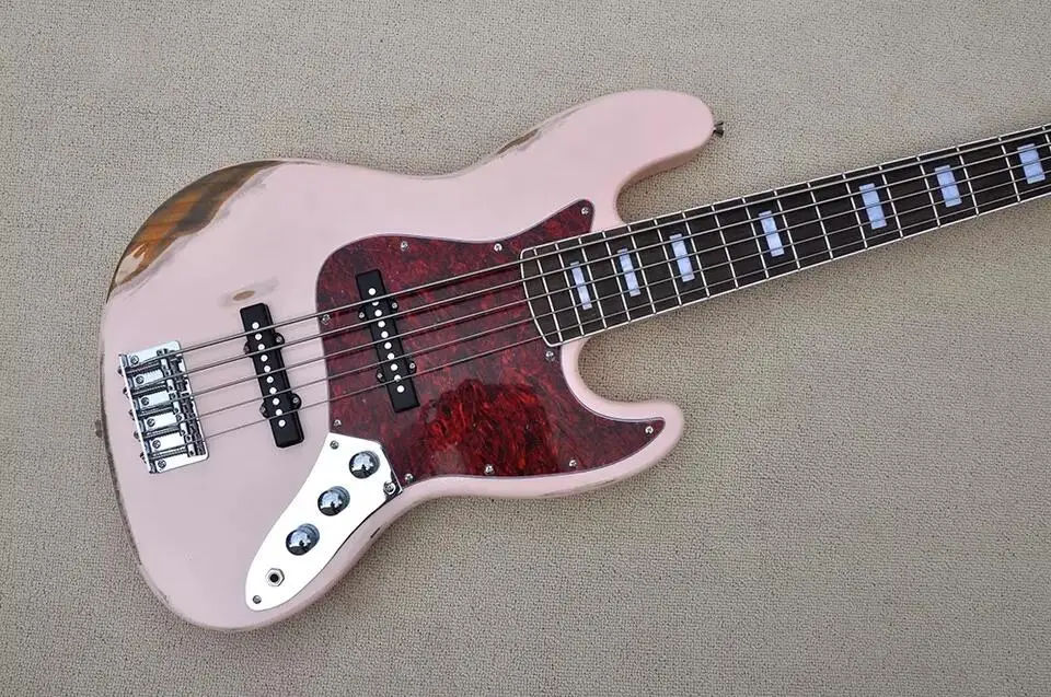 5 Strings Pink Relic Electric Bass Guitar with Rosewood Fretboard,20 Frets,Can be Customized