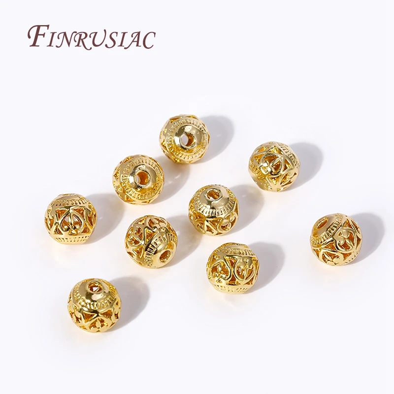 18K Gold Plated Hollow Pattern 8mm Round Metal Ball Spacer Beads For Bracelet Jewelry Making Supplies DIY Findings Accessories