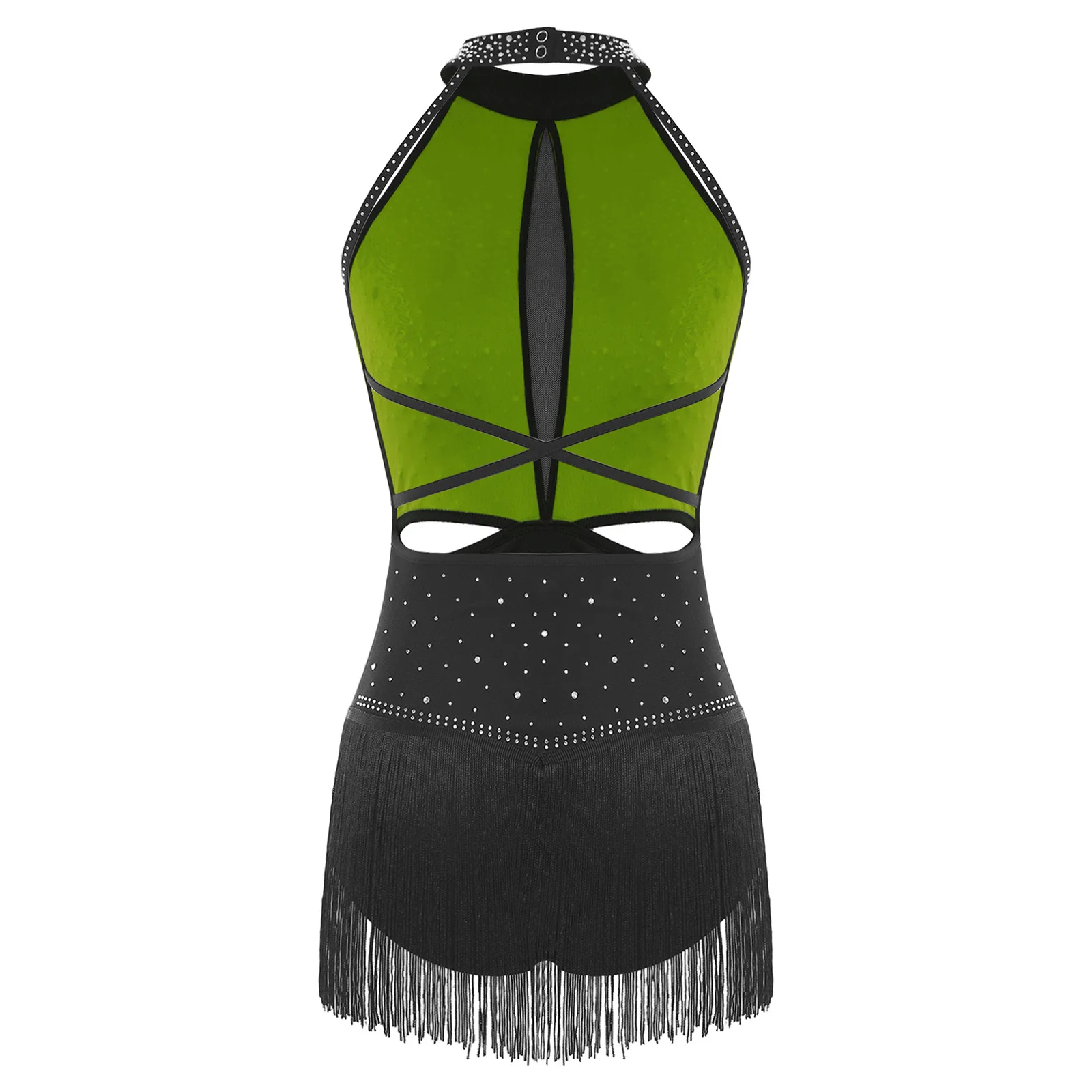 فساتين نسائية للرقص الإيقاعي بدون أكمام ورقبة وهمية بدون ظهر وأحجار الراين شرابات يوتار لمسابقات الجمباز اللاتينية تشا تشا