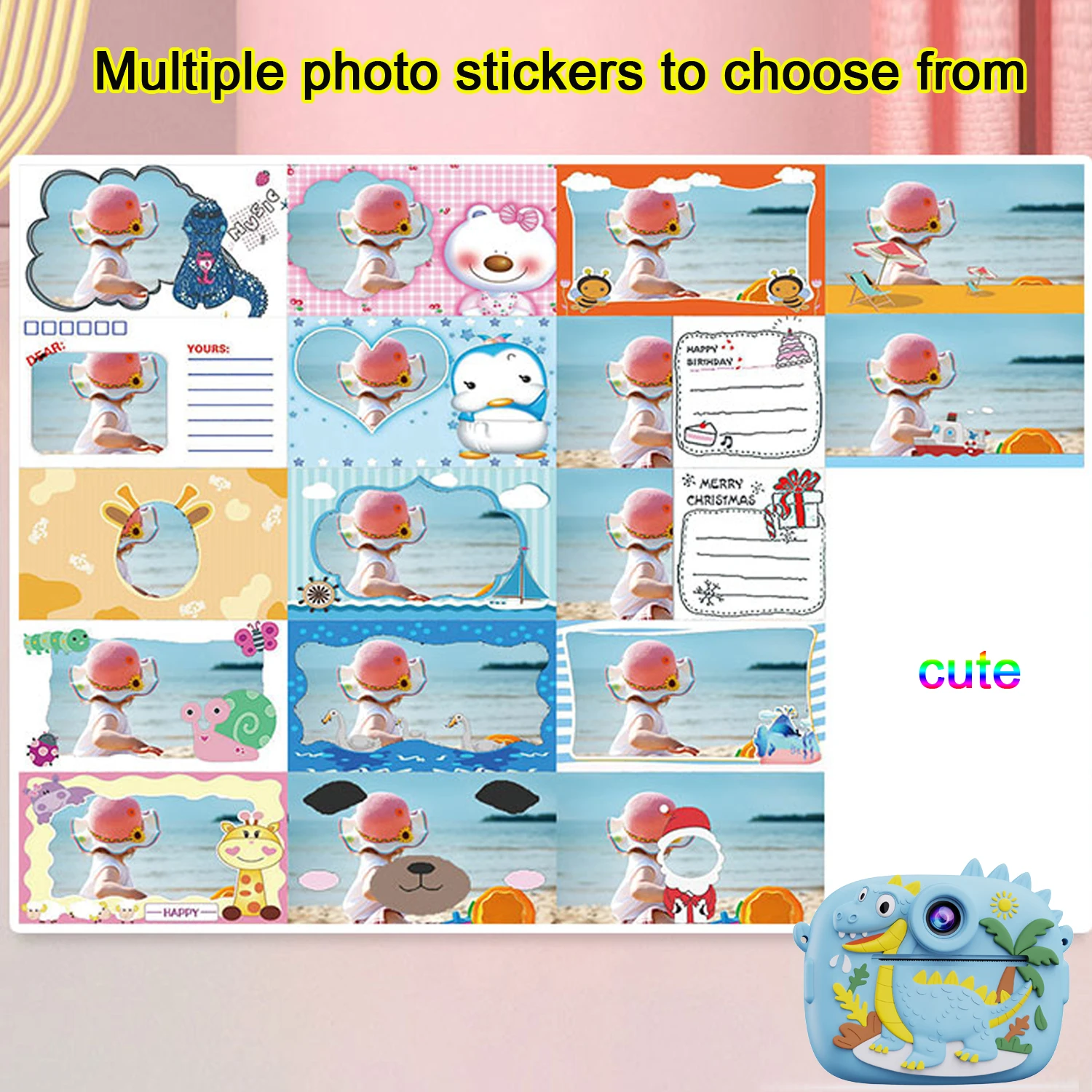 Cute Little Dinosaur Shape Kids Instant Print Camera Toy 1080P HD Dual Camera Thermal Print 32GB Memory Card Boys Girls Gift