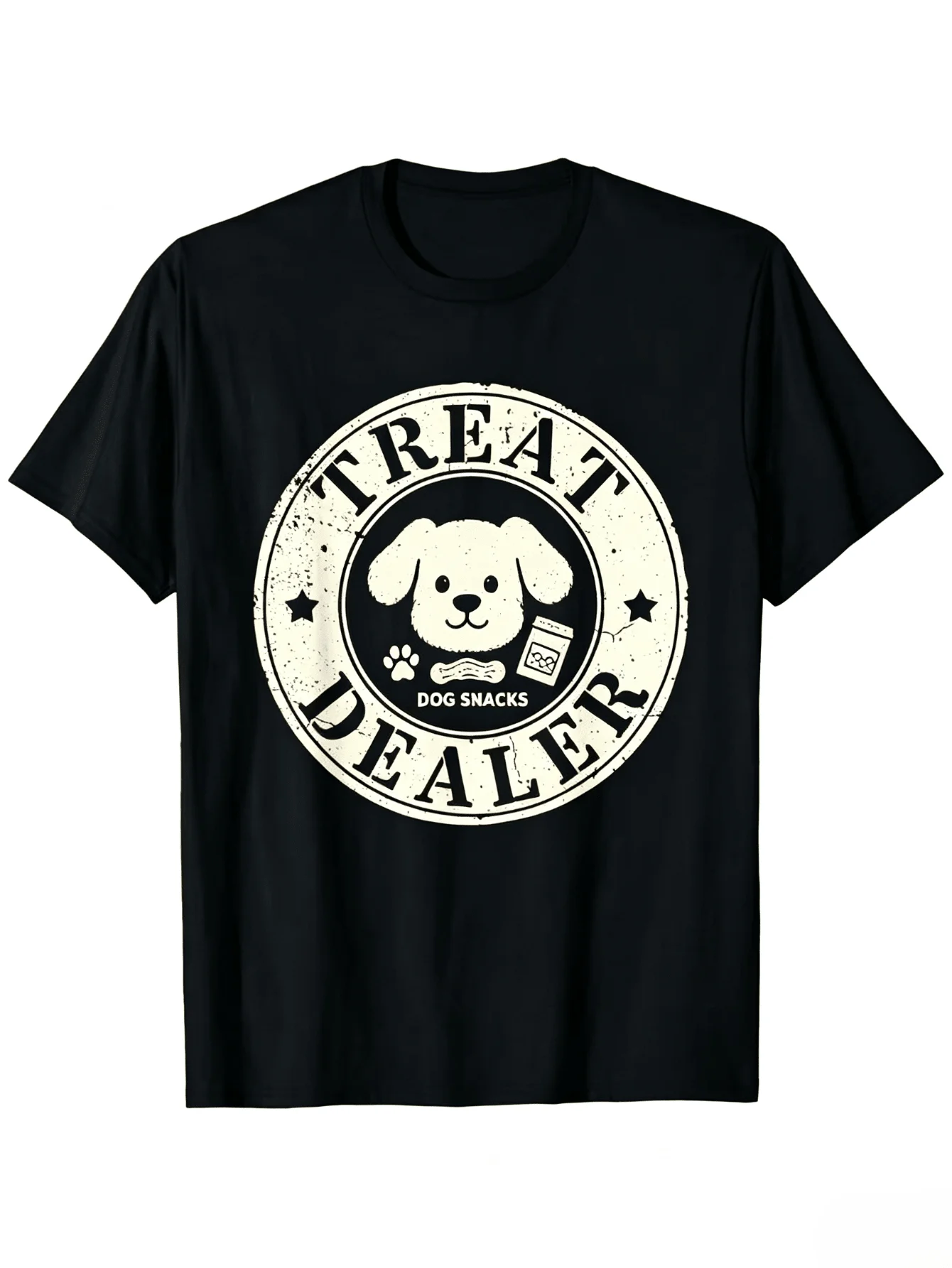 Unisex Casual Printed T-Shirt (Paw Print And Snack Vending Pattern) - Black Short-Sleeve Round-Neck Summer Style, A Must-Have Fo