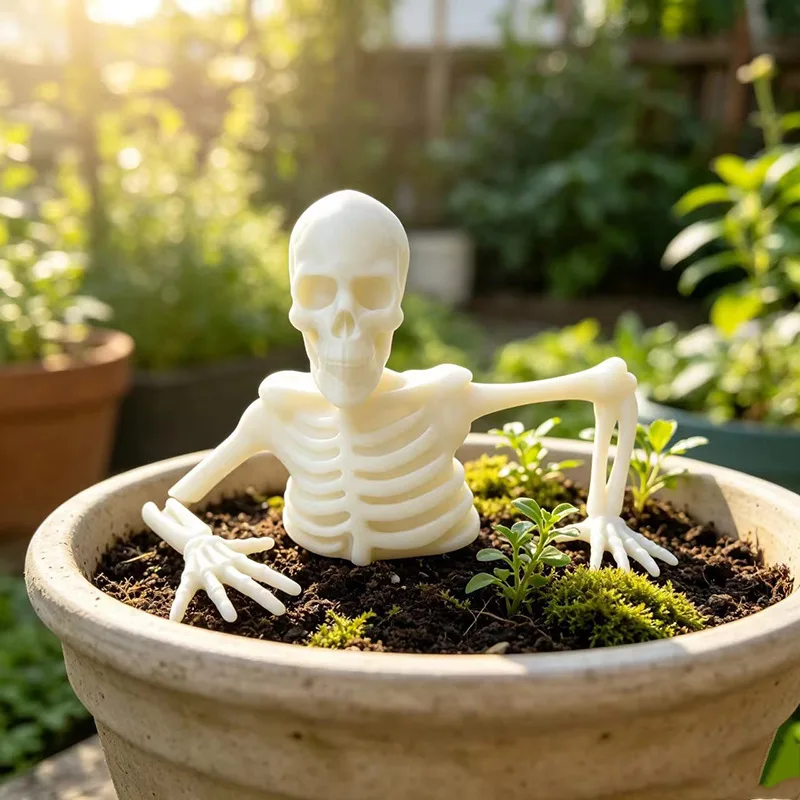 Funny 3D Printed Half Buried Skeleton Figurine Halloween Half Body Skull Ornament for Bonsai Pot Garden Plant Desk Party Decor