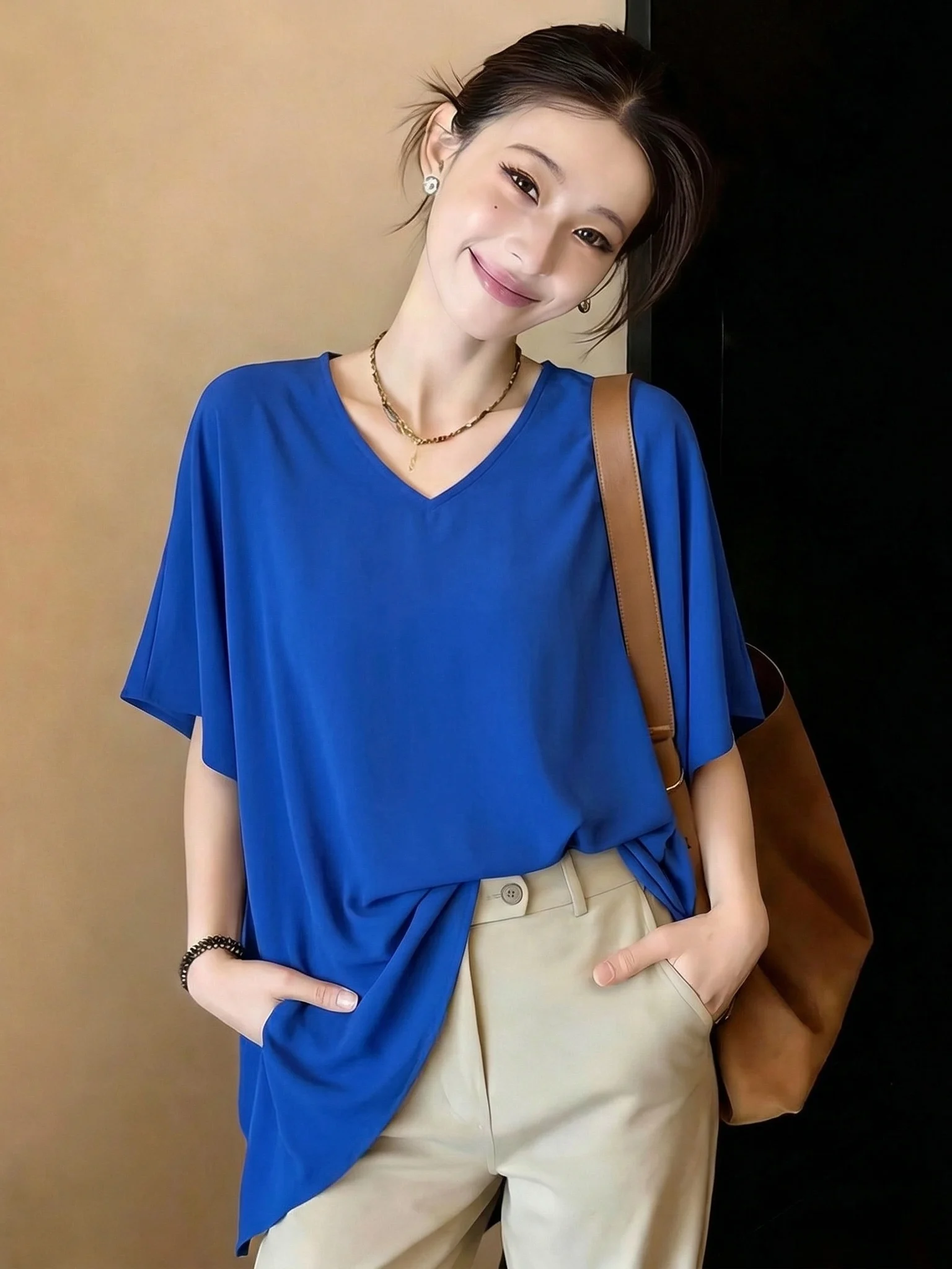 Klein Blue V-Neck Short Sleeve T-Shirt Women's plus Size Mid-Length Street Style Summer New Korean Version Loose Fit Pure Color