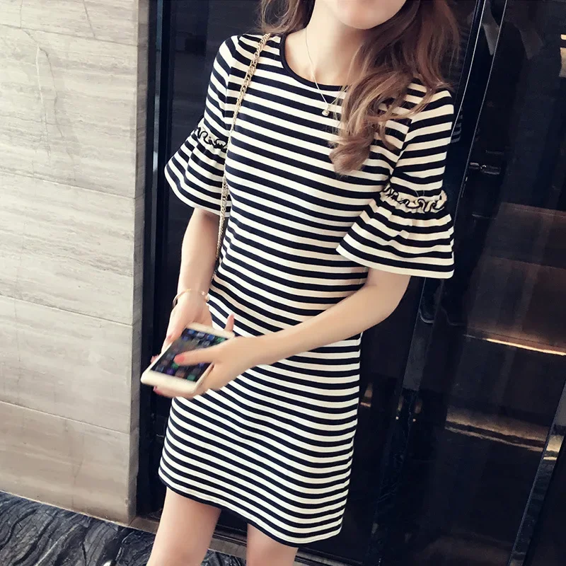 Summer Korean Version Striped Women's Short-sleeved T-shirt Women's Dress Women's Clothing