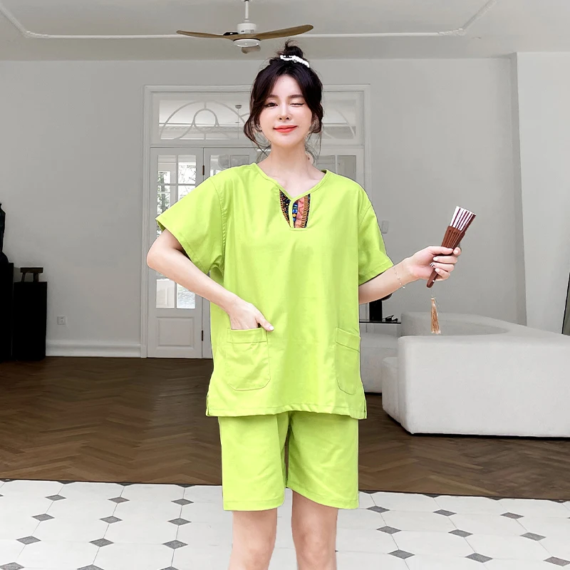 النمط الصيني زوجين ثوب السباحة بلايز + سراويل قصيرة التايلاندية سبا تدليك العلاج الطبيعي الملابس العرق تبخير القطن الكتان موحدة #3