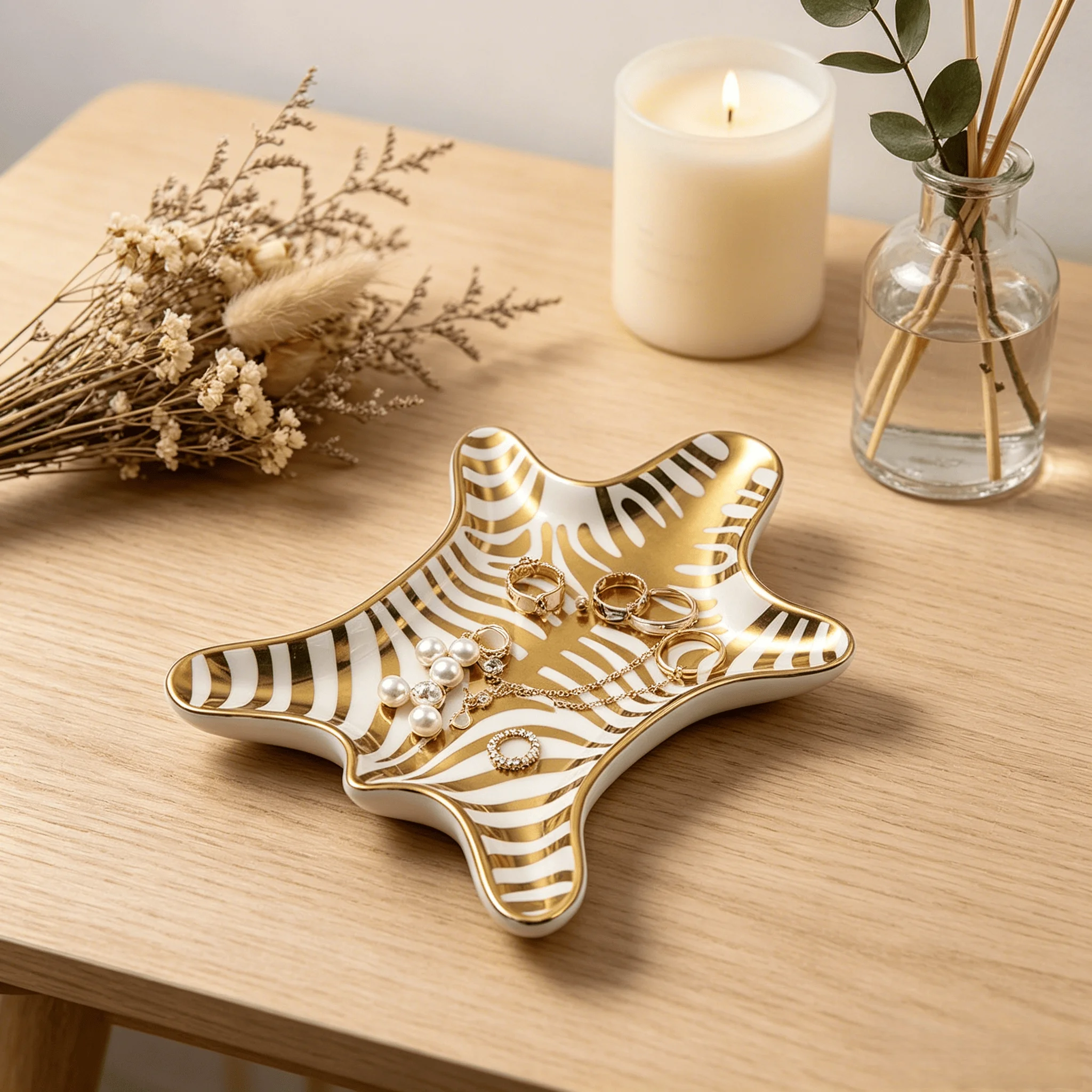 Ceramic Jewelry Tray Gold Rim Tiger Hide Shaped Trinket Ring Earring Necklace Storage Plate Nordic Luxury Home Decor Gift