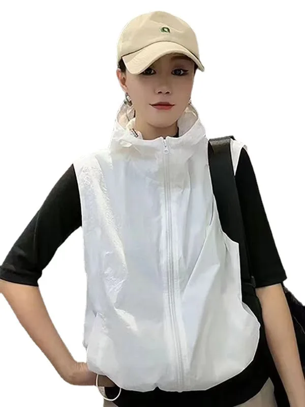 Rompi bertudung kasual wanita bergaya longgar ritsleting warna polos rompi wanita elegan saku jaket tanpa lengan wanita Gilet