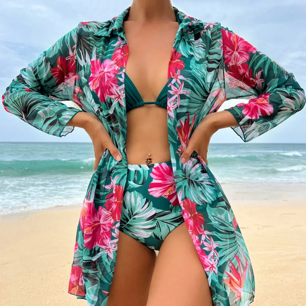 Tropical Print Three Pieces Bikini for Women 2023 New High Waist Swimsuit Cover Up Swimwear Brazilian Biquini Bathing Suit