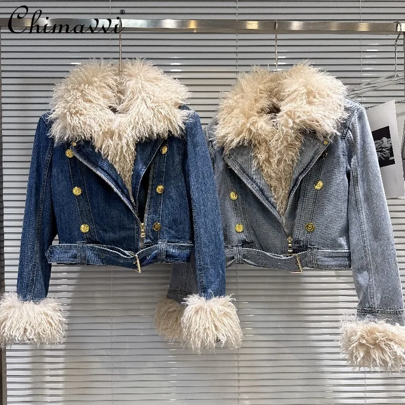 

Зимняя джинсовая куртка в американском стиле для девочек с воротником из искусственной овечьей шерсти и хлопковой подкладкой, женское теплое пальто с длинными рукавами на High Street
