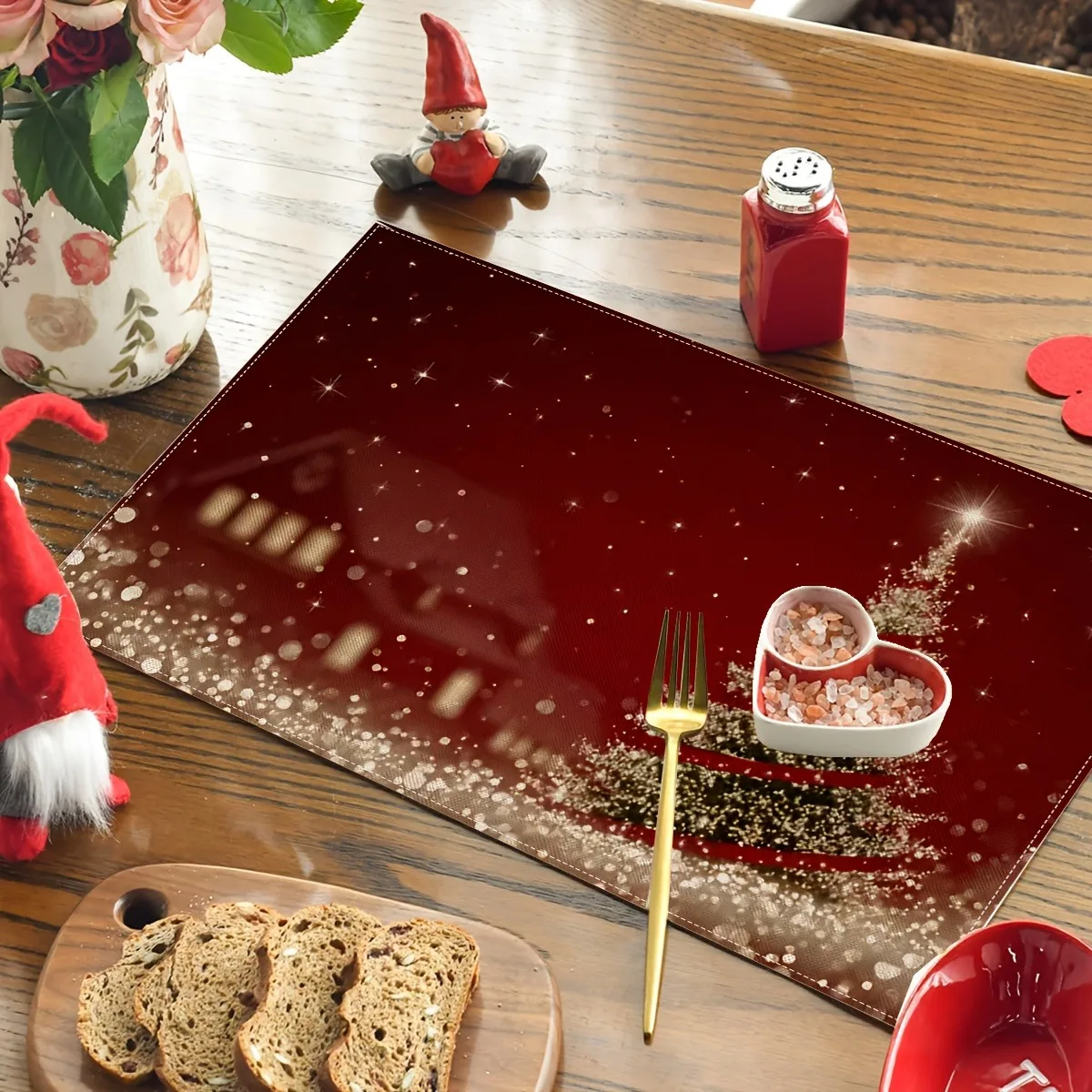 Elegant Xmas Table Mat Burgundy Background Glitter Sparkle Christmas Pattern for Dining Table Winter Festive Home Decoration