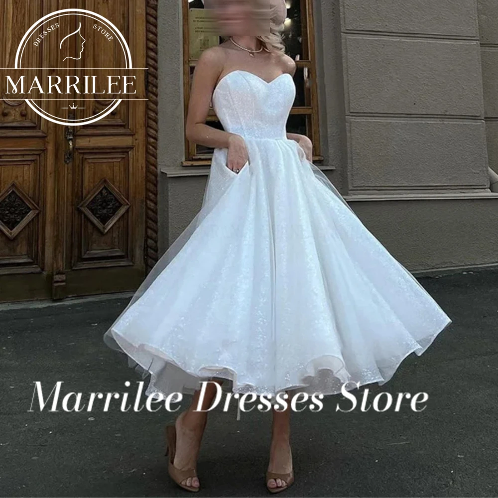 Marrilee Customized Sexy Sweetheart Strapless A-Line Sparkling Evening Dresses Side Slit Sleeveless Tea Length Back Prom Gown