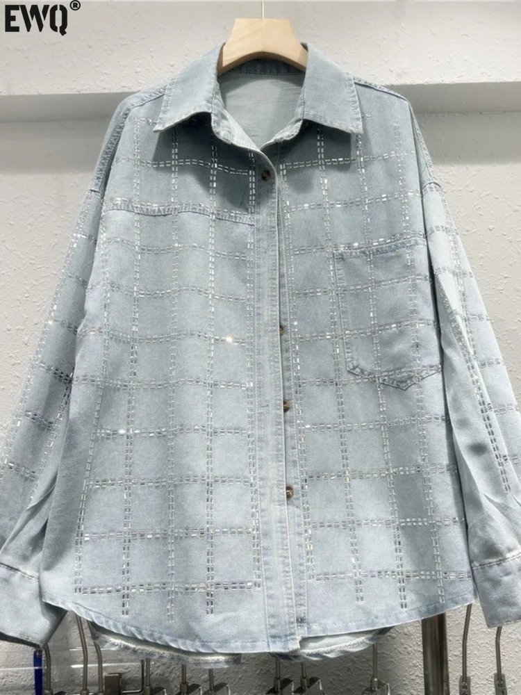 [EWQ] Full Sleeve Single Breasted Denim Shirts Diamonds Design Loose Blouse Solid Women's Fashion Clothing 2024 Autumn 16O1184