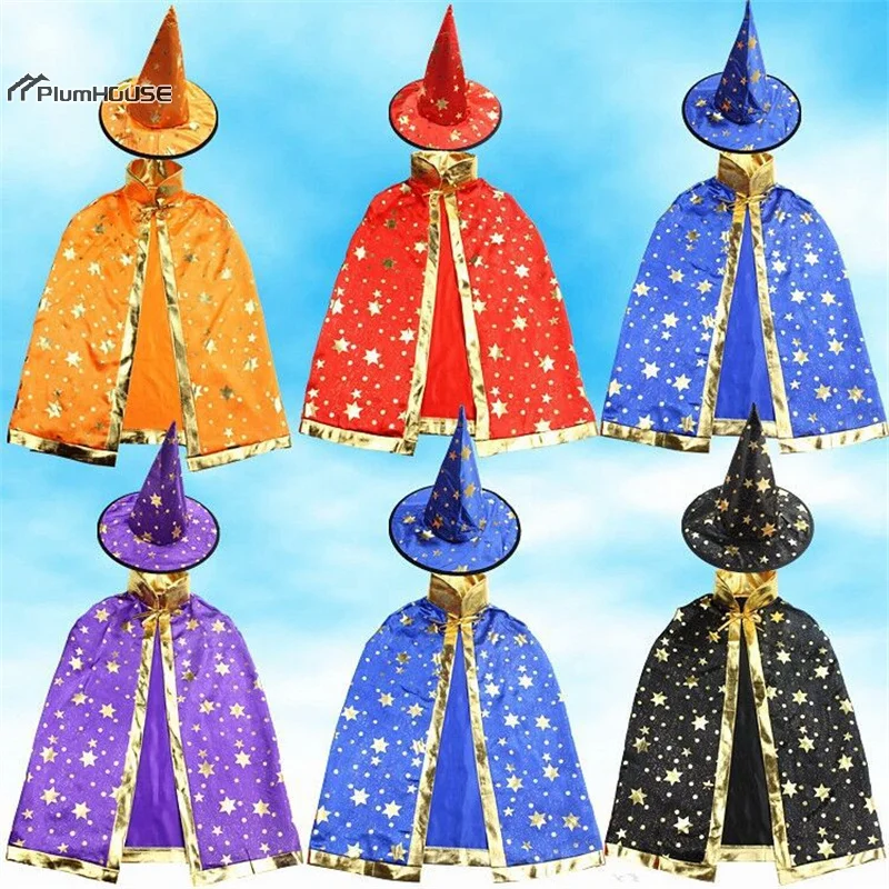 Children Cloak With Witch Hat for BoysGirl Cosplay Costume Teens Black Purple Red Carnival Photography Props Kids Christmas Cape