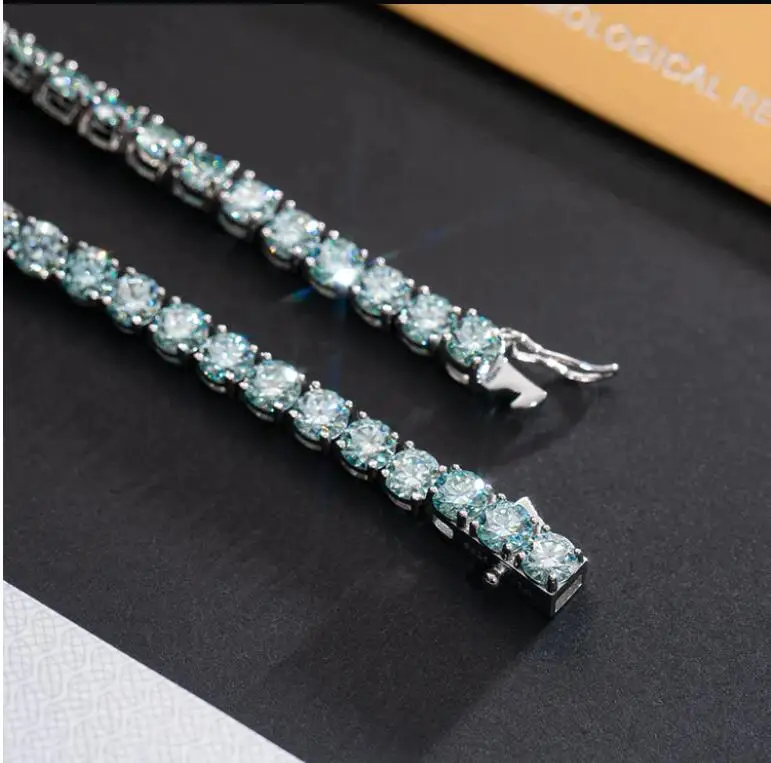 Mens h ip hop jewelry 925 silver blue green moissanite tennis chain 3mm 4mm vvs diamond moissanite tennis necklace