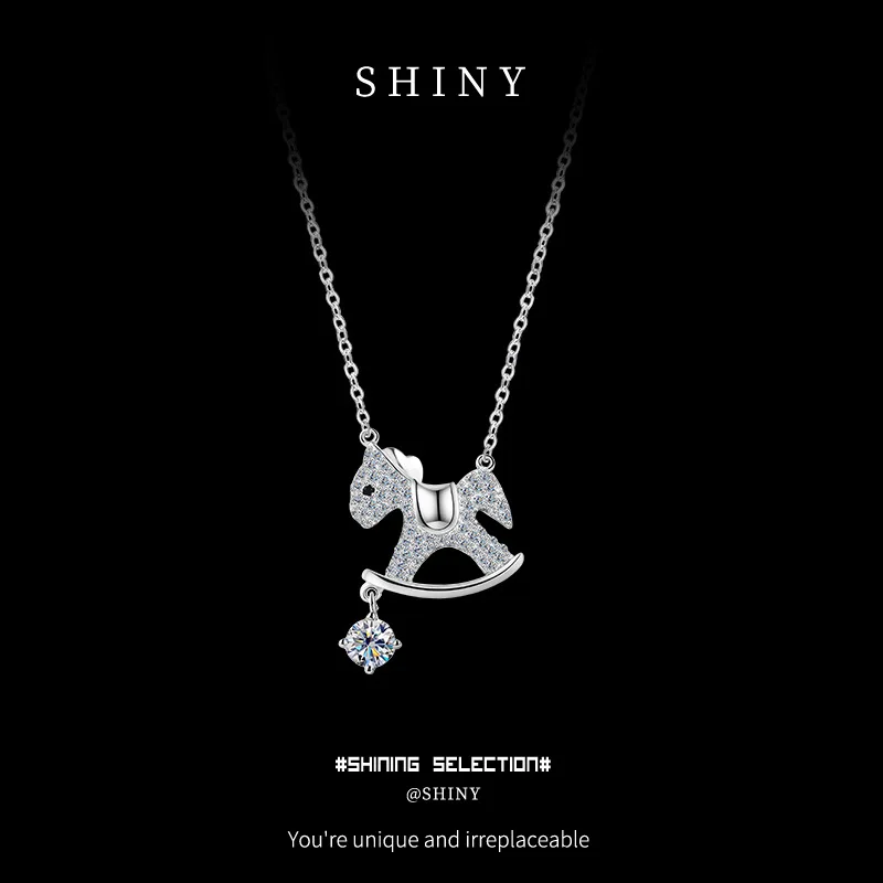 Kalung Kuda Kayu Perak Murni S925 yang Indah dengan Moissanite 0.3ct Rantai Sweater - Perhiasan Mewah Ringan Hadiah untuk Hari Valentine