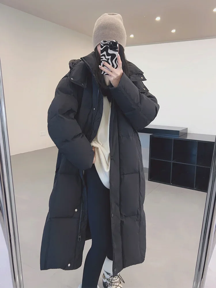 Solid Color Hooded White Duck Down Coat Long Women Warm Fluffy Long Sleeve Thick Puffer Jacket Coat Female Fashion Fit Winter