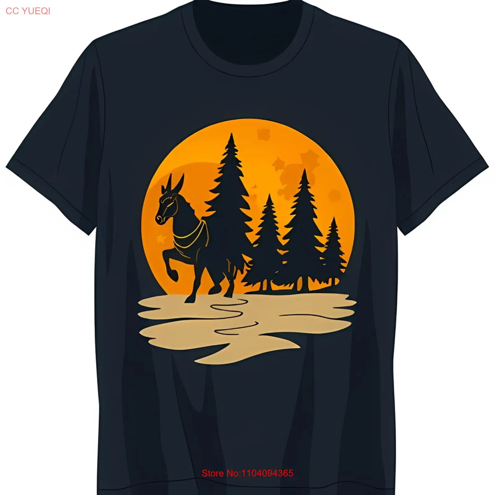

Black T-Shirt with Walking Through Pine Forest & Moon Graphic