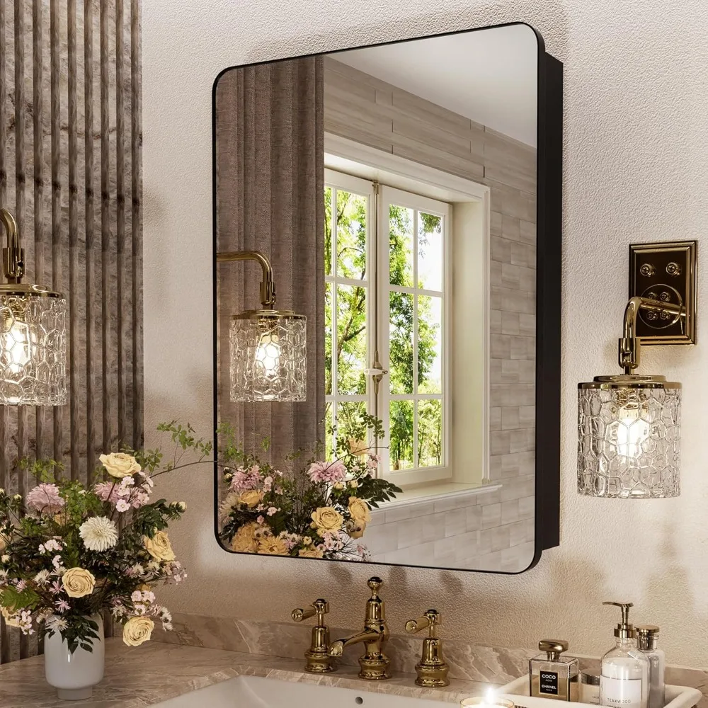 

20"x26" Black Medicine Cabinet for Bathroom with Mirror - Recessed or Surface Wall Mount Vanity Cabinet for Bathroom with Adjust