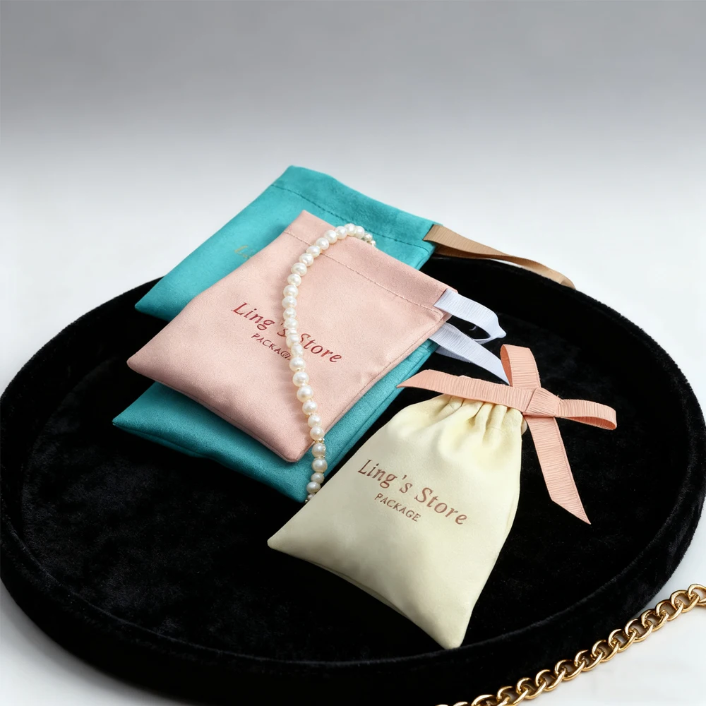 100Pcs Custom Logo Jewelry Flannel Bag With One Side Grosgrain Ribbon Earrings Perfume Cosmetic Baby Shower Gift Organizer Pouch