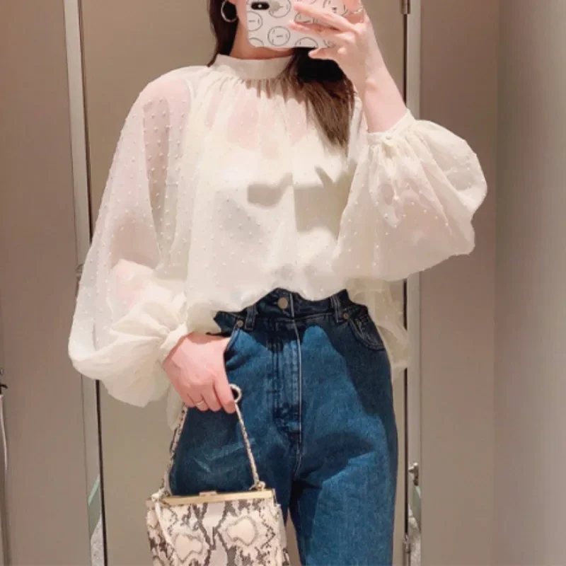 

New Lantern Long Sleeve O-neck Simple Blouse Chiffon All-match Loose Loose Shirts 2024 Spring Japan Style Casual Women Blusas