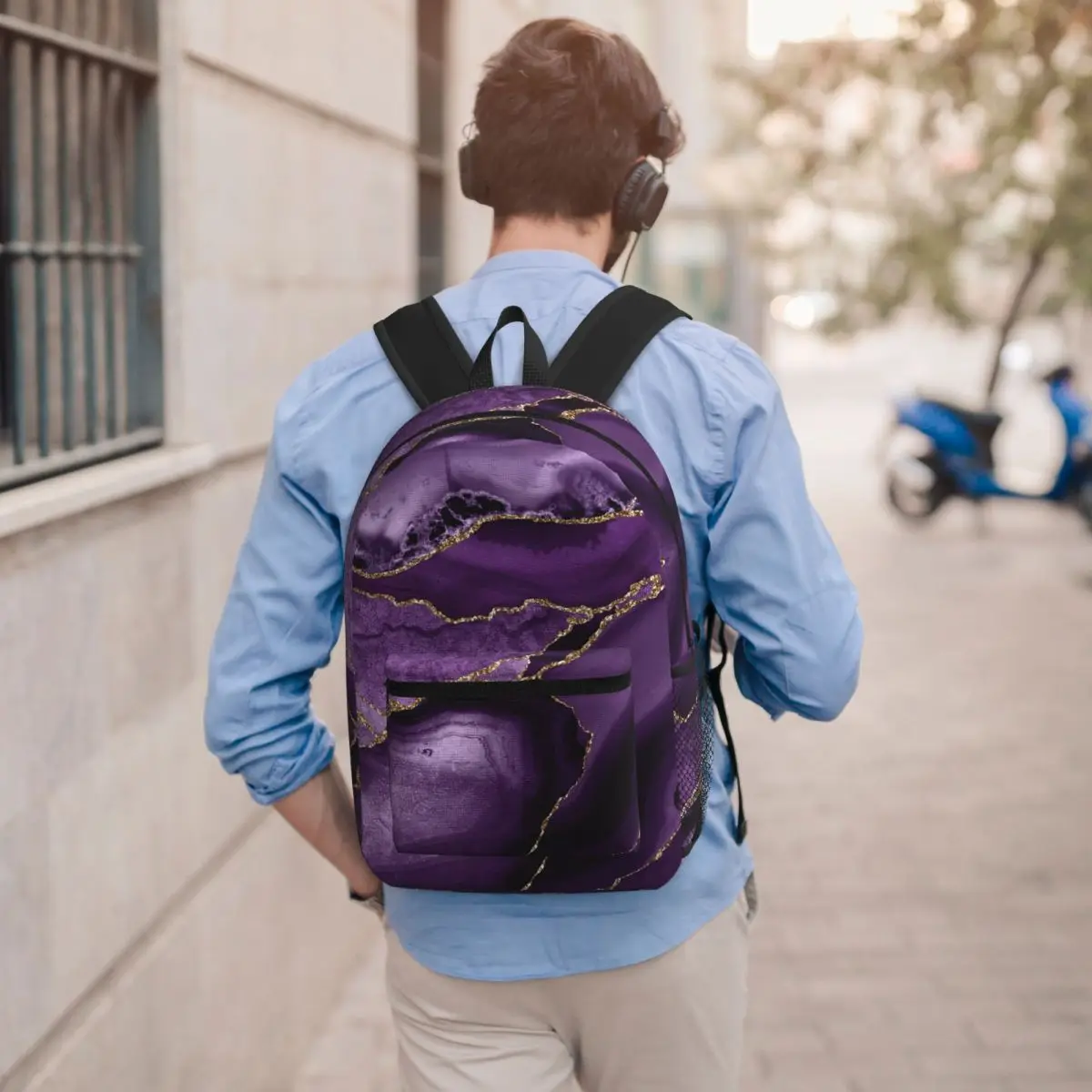 Purple Faux Marble Abstract Landscap Student Backpack School Bag Hiking Travel Daypack for Boys Girls Bookbag Shoulder Bags