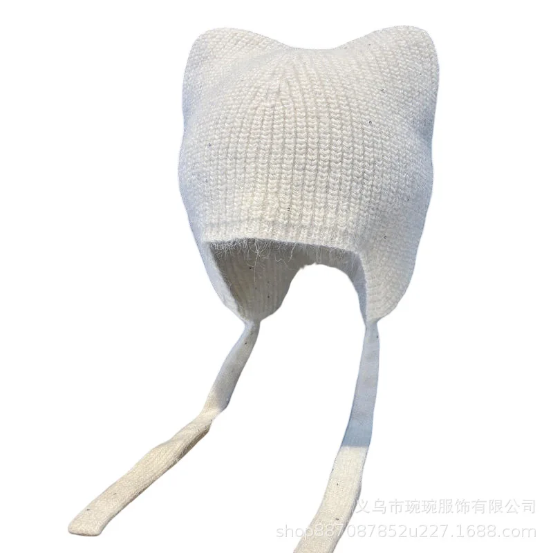 Women Wool Knit Beanie Hat, Cute Face Slimming Earflap Warm Cold Cap for Autumn Winter