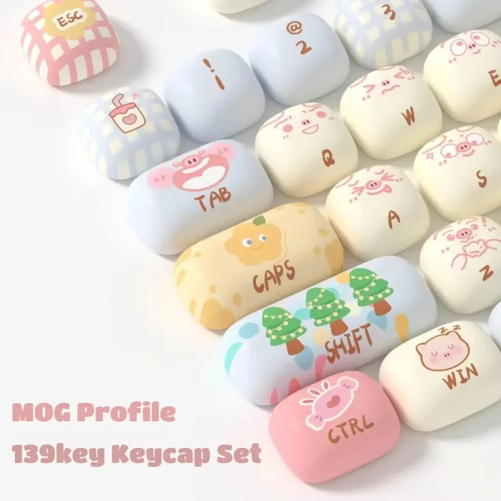 cute mushroom round keyboard cap piggy party theme pbt perfil mog gaming key cap para teclado mecanico 139 chaves 01