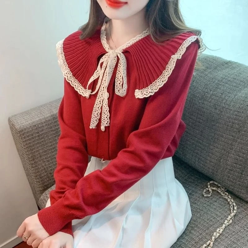 

Облегающие вязаные свитера с кукольным воротником для женщин, теплый элегантный женский пуловер, молодежные предложения, одежда, зима 2025 года, винтажный топ Y2k